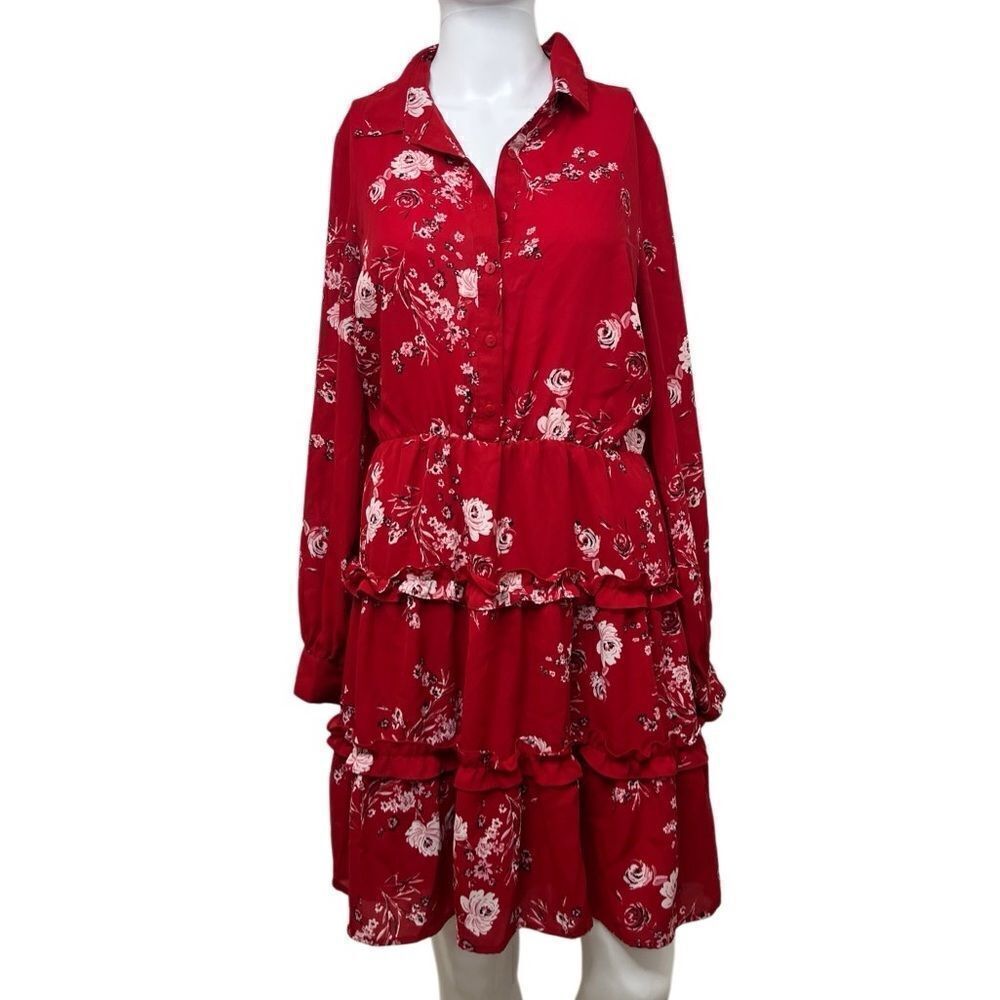 Maison Jules Floral Long Sleeve Tiered Dress Red Size Medium